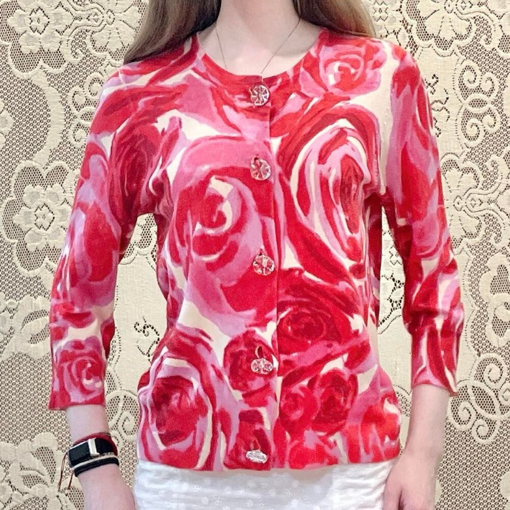 Vintage 90s Chaus Red & Pink Rose Watercolor Silk Blend 3/4 Sleeve Cardigan